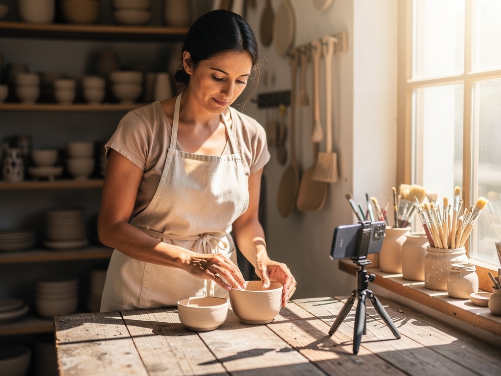 Rękodzielnik fotografuje ceramiczne naczynia na drewnianym stole przy naturalnym świetle
